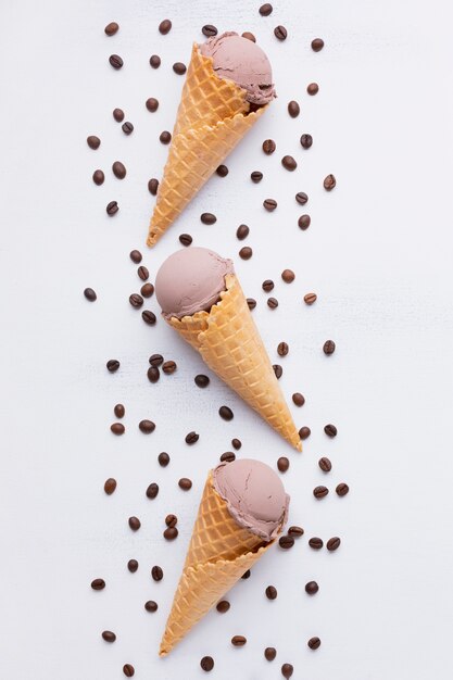 Flat lay of ice cream with coffee beans