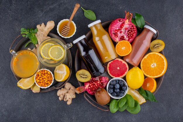 Flat lay of immunity boosting foods with citrus and ginger