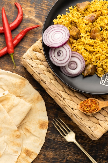 Flat lay indian food and peppers