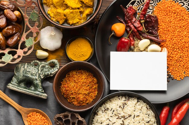 Flat lay indian spices arrangement