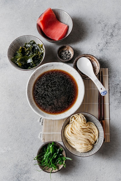 Free photo flat lay japanese dish arrangement