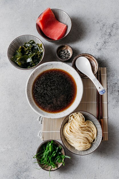 Flat lay japanese dish arrangement