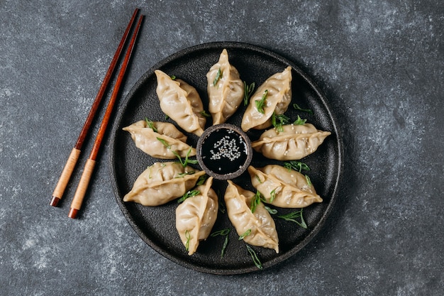 Flat lay japanese dumplings assortment