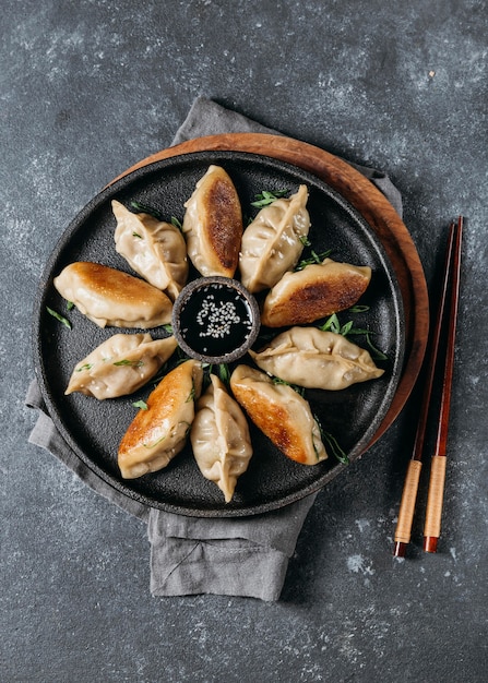 Flat lay japanese dumplings assortment