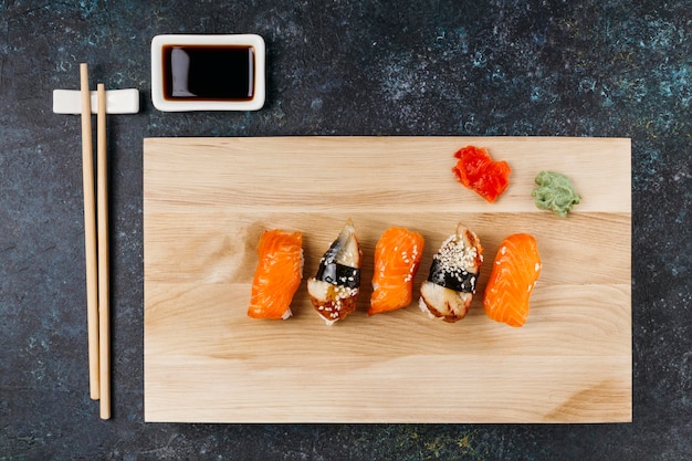 Flat lay japanese sushi arrangement