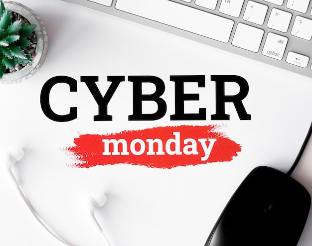 Foto gratuita disposizione piatta della tastiera e pianta con il mouse per il cyber lunedì