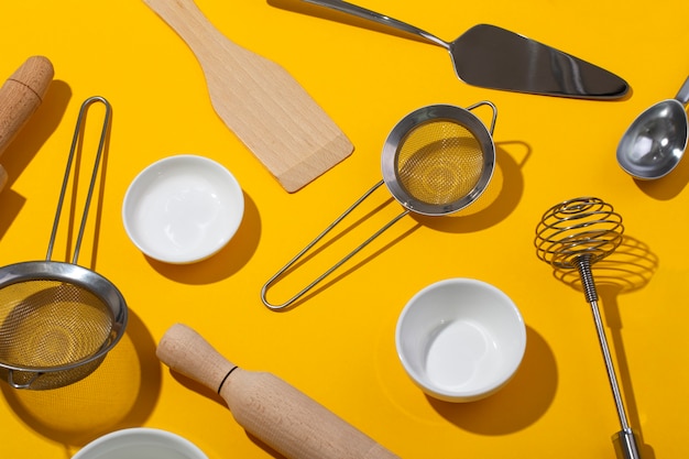 Flat lay kitchen tools arrangement