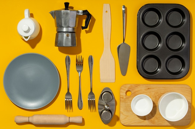 Flat lay kitchen utensils arrangement