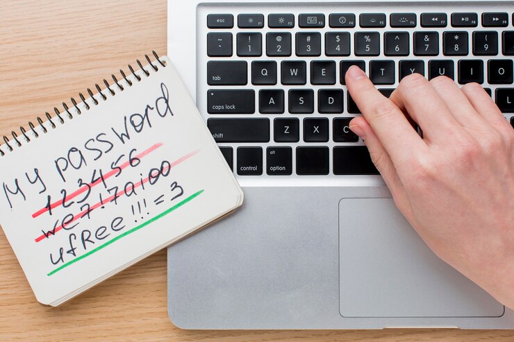 Flat lay of laptop with hands and notebook with password information