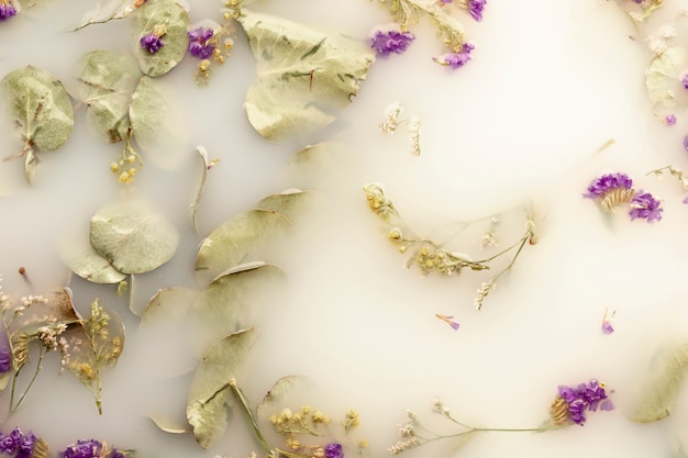 Flat lay little purple flowers in white colored water