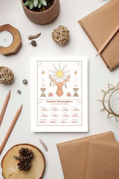 Free photo flat lay lunar calendar on table