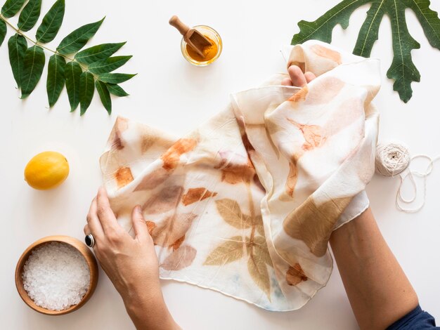 Flat lay making of a pigmented cloth with natural colors arrangement
