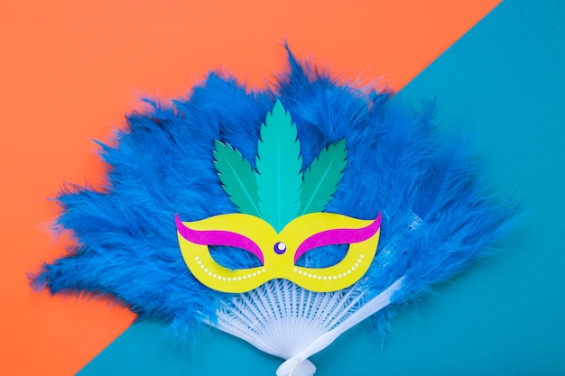 Free photo flat lay of mask on feathers fan for carnival