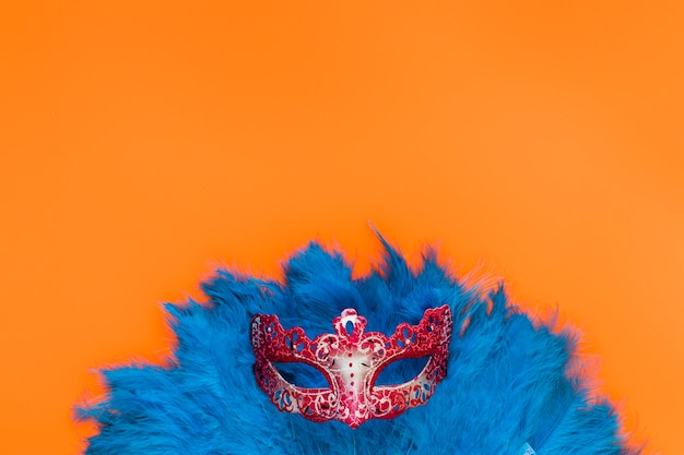 Free photo flat lay of mask on feathers with copy space