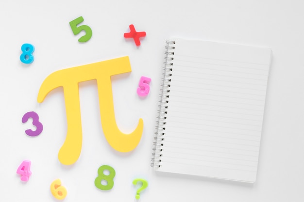 Flat lay math and science pi symbol and copy space notepad