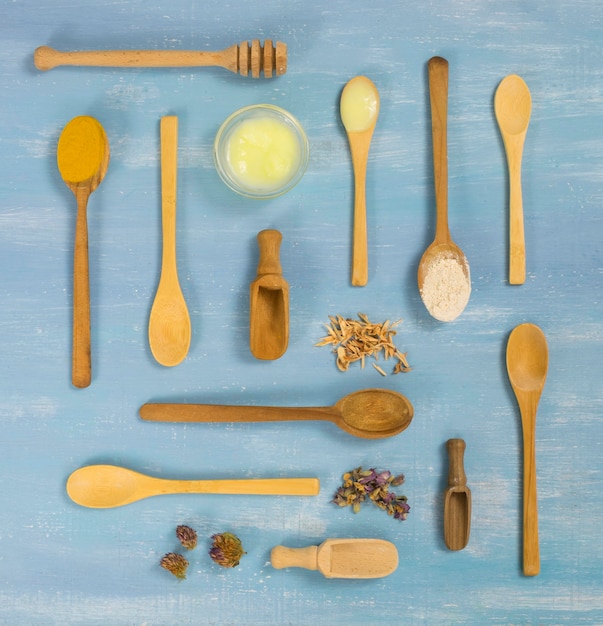 Flat lay of medicinal herbs and spices in spoons