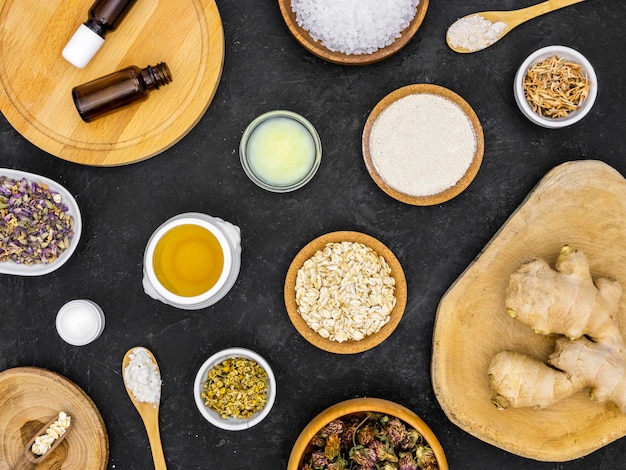 Flat lay of medicinal herbs and spices