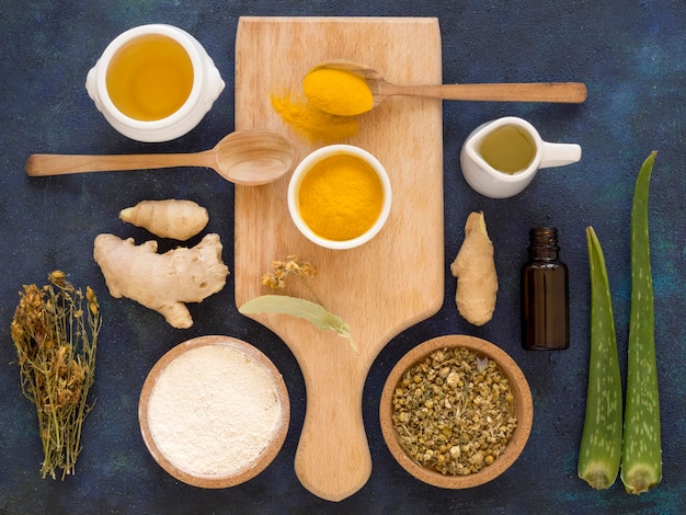 Free photo flat lay of medicinal herbs and spices