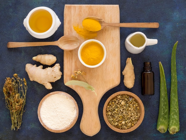 Flat lay of medicinal herbs and spices