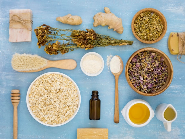 Flat lay of medicinal herbs and spices