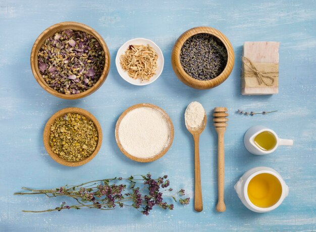 Flat lay of medicinal herbs and spices