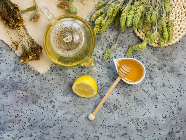 Flat lay of medicinal spices and herbs