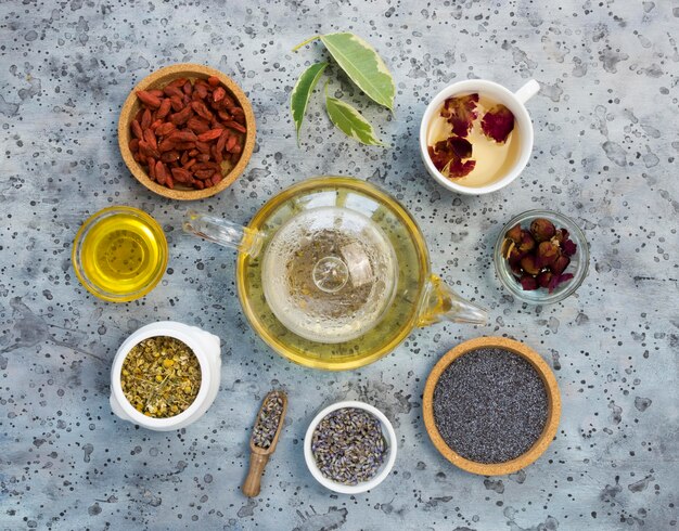 Flat lay of medicinal spices and herbs