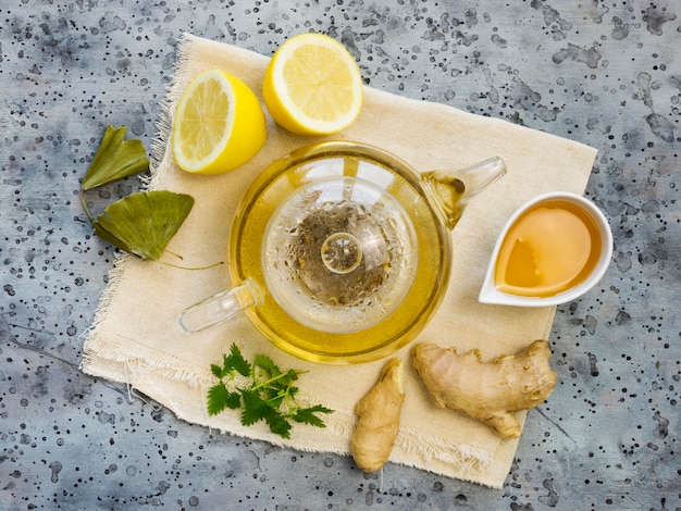 Flat lay of medicinal spices and herbs