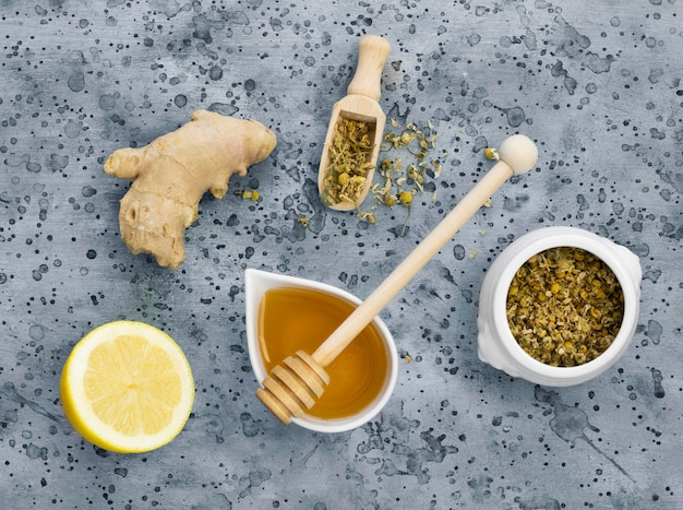 Flat lay of medicinal spices and herbs