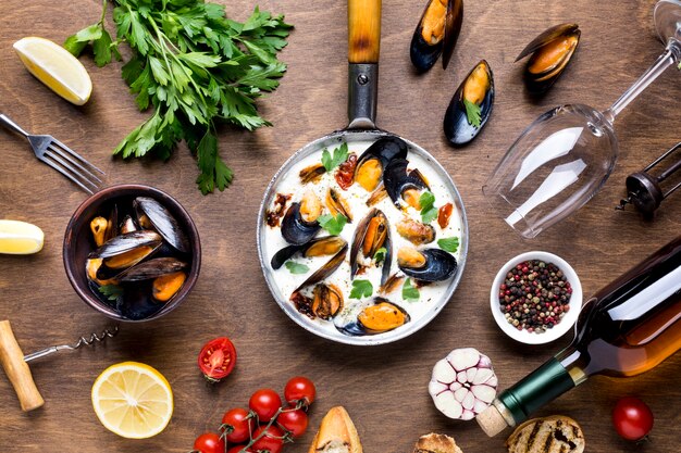 Flat-lay mediterranean diet with mussels