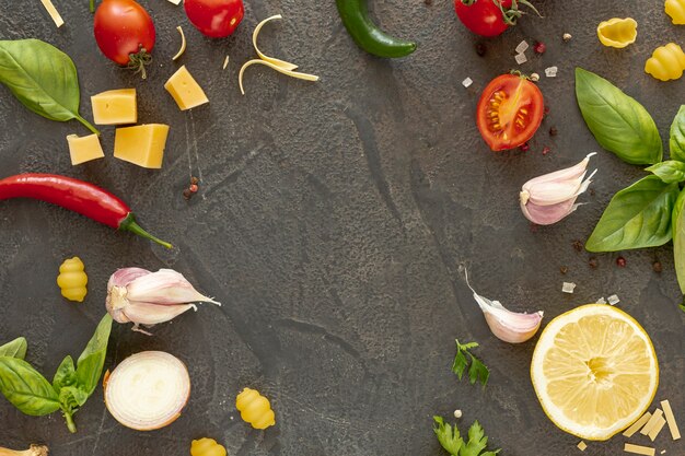 Flat lay of mediterranean ingredients with copy space