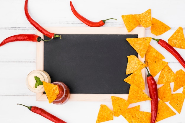 Flat lay mexican food composition with slate