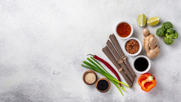 Flat lay mix of asian food ingredients with copy space