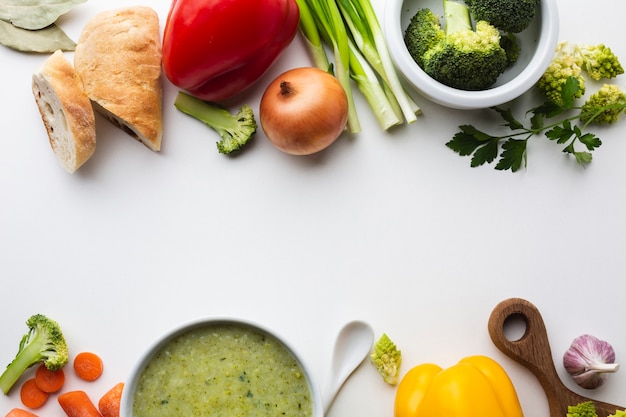 Flat lay mix of vegetables with broccoli bisque