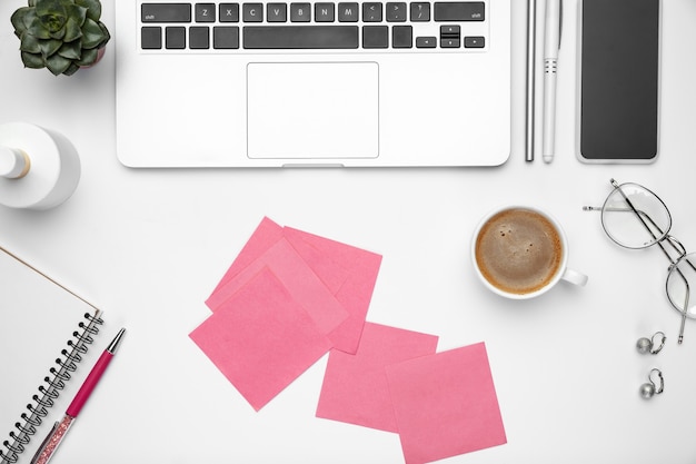 Flat lay, mock-up. Feminine home office workspace, copyspace