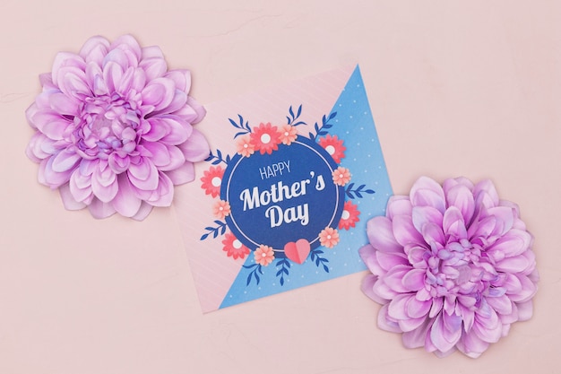 Flat lay of mothers day card with flowers