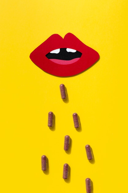 Free photo flat lay of mouth with pills