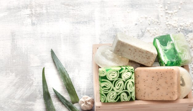Flat-lay natural bright beautiful cosmetics handmade soap.