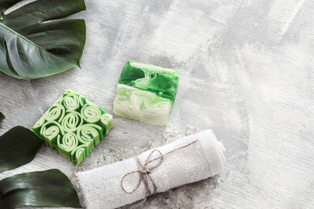 Flat-lay natural bright beautiful cosmetics handmade soap.