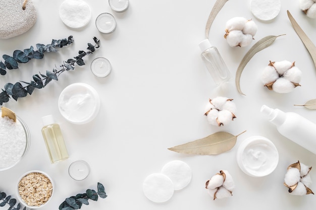 Flat lay natural cosmetics with cleaning disks