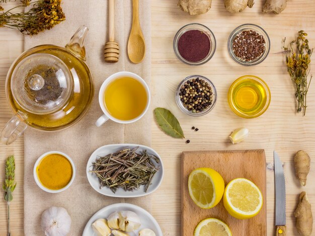 Flat lay of natural medicinal herbs