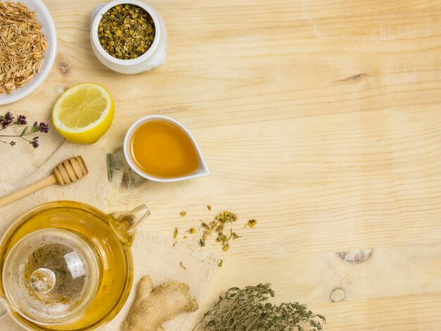 Flat lay of natural medicinal spices and herbs with copy space