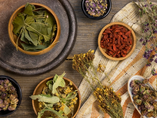 Flat lay of natural medicinal spices and herbs