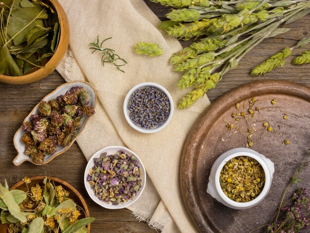 Flat lay of natural medicinal spices and herbs