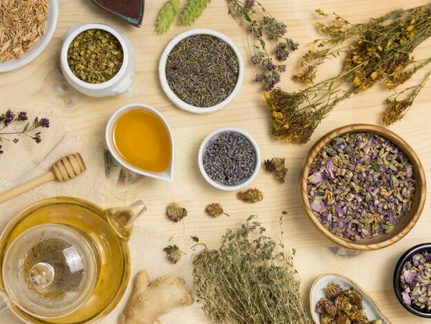 Flat lay of natural medicinal spices and herbs