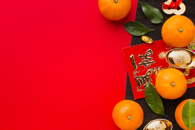 Flat lay new year chinese 2021 oranges