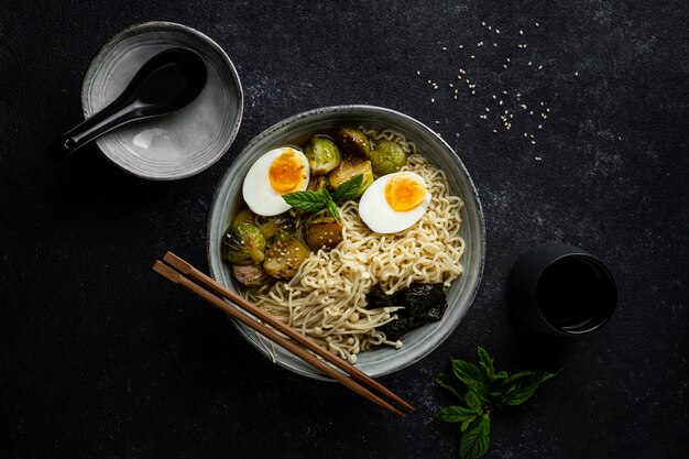 Flat lay noodles in a bowl arrangement