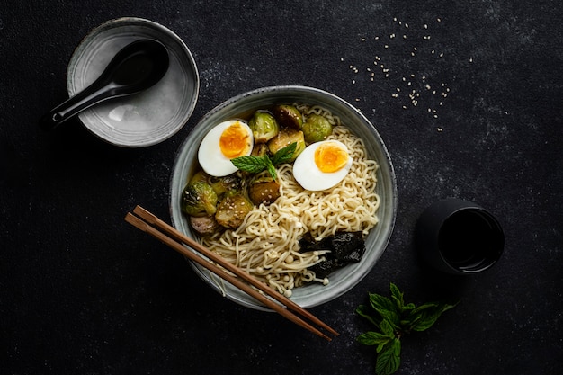 Flat lay noodles in a bowl arrangement