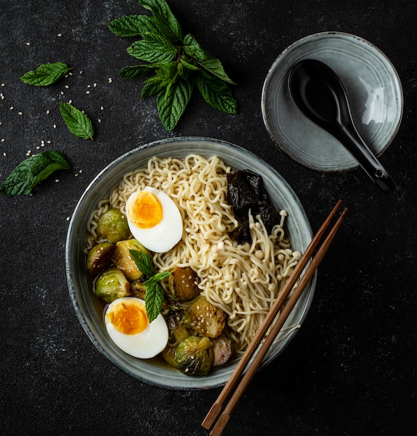 Flat lay noodles in a bowl assortment