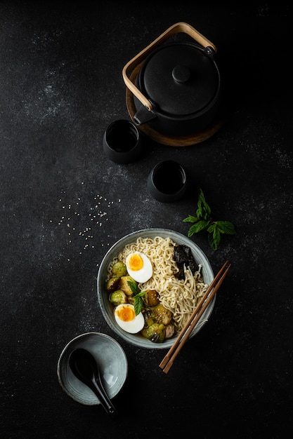 Flat lay noodles in a bowl assortment